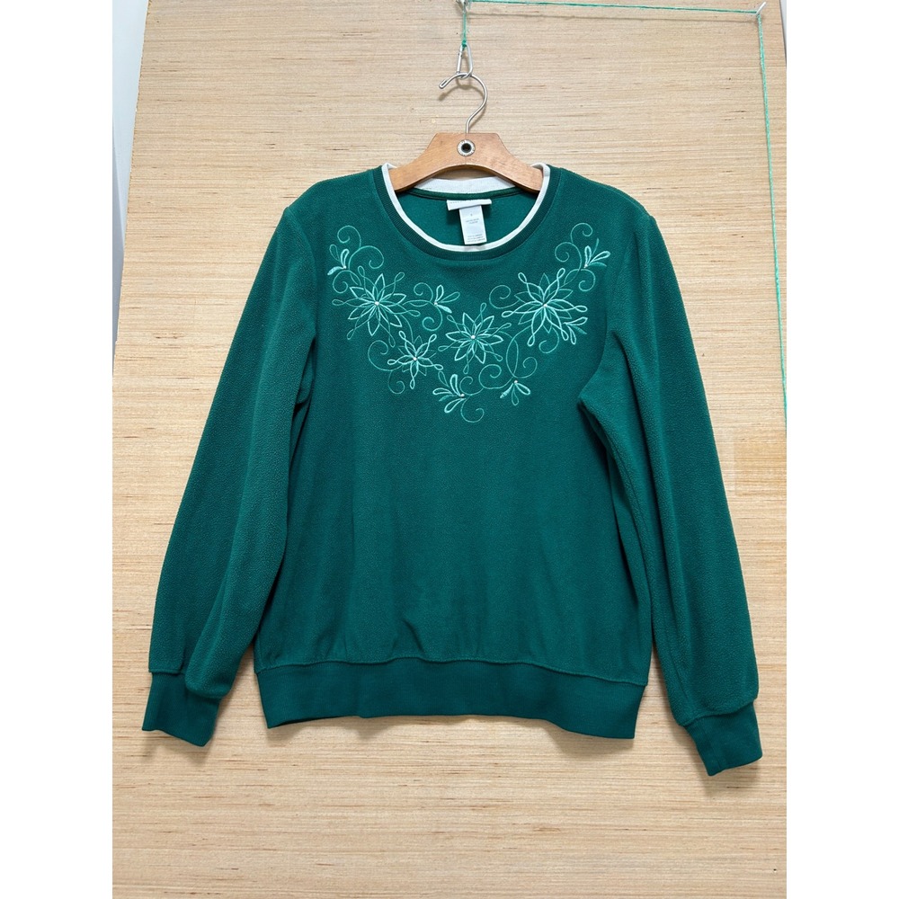 Alfred Dunner Womens Forest Green Fleece Floral Embroidered Sweatshirt Small‎